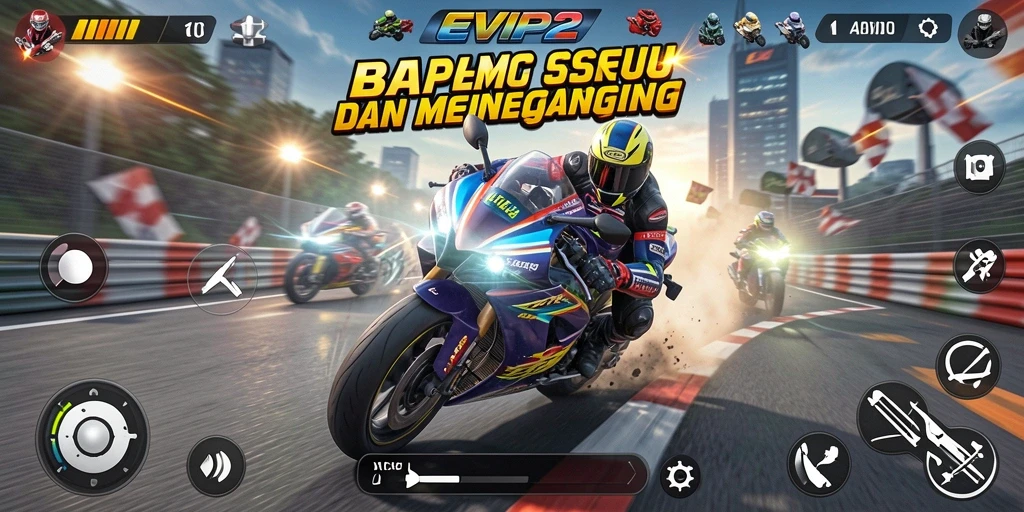 Gameplay seru EVIP2 dengan balapan motor yang mendebarkan.