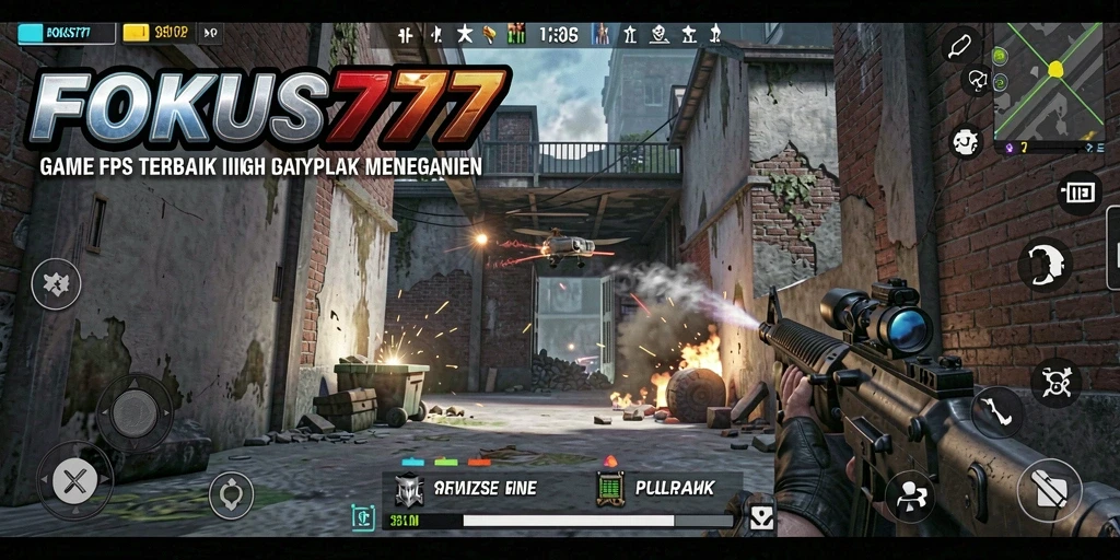 Screenshot menunjukkan aksi intens dalam gameplay FPS FOKUS777.