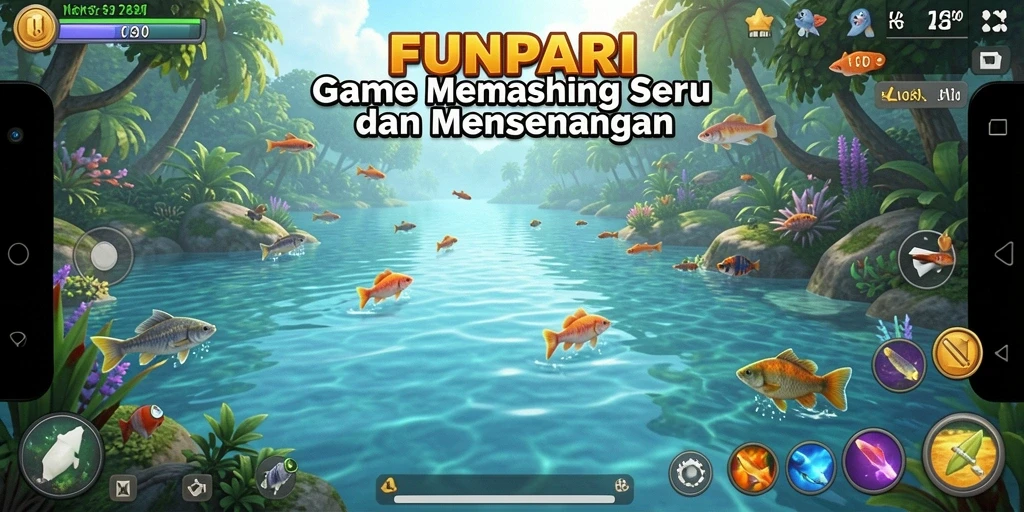Tampilan gameplay <strong>FUNPARI</strong> dengan suasana memancing yang ceria dan interaktif.