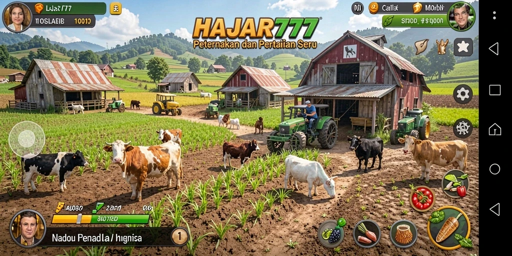 Tampilan gameplay <strong>HAJAR777</strong> yang menampilkan aktivitas pertanian yang dinamis.