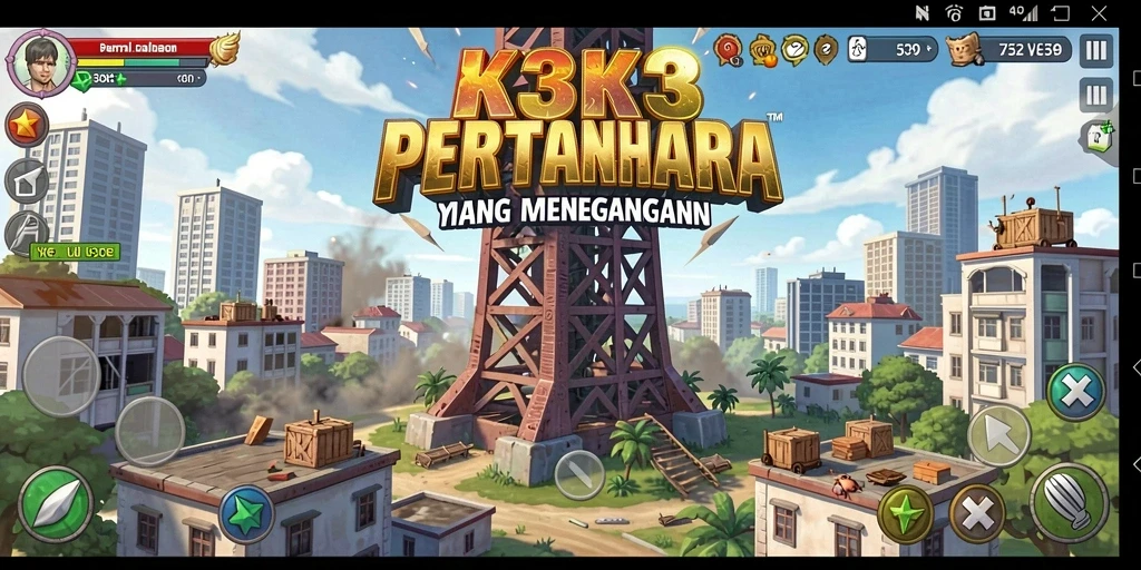 Screenshot utama gameplay K3K3 menampilkan pertahanan menara yang epik.