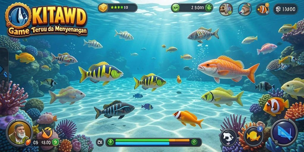 Tampilan gameplay seru dalam KITAWD menembak ikan.